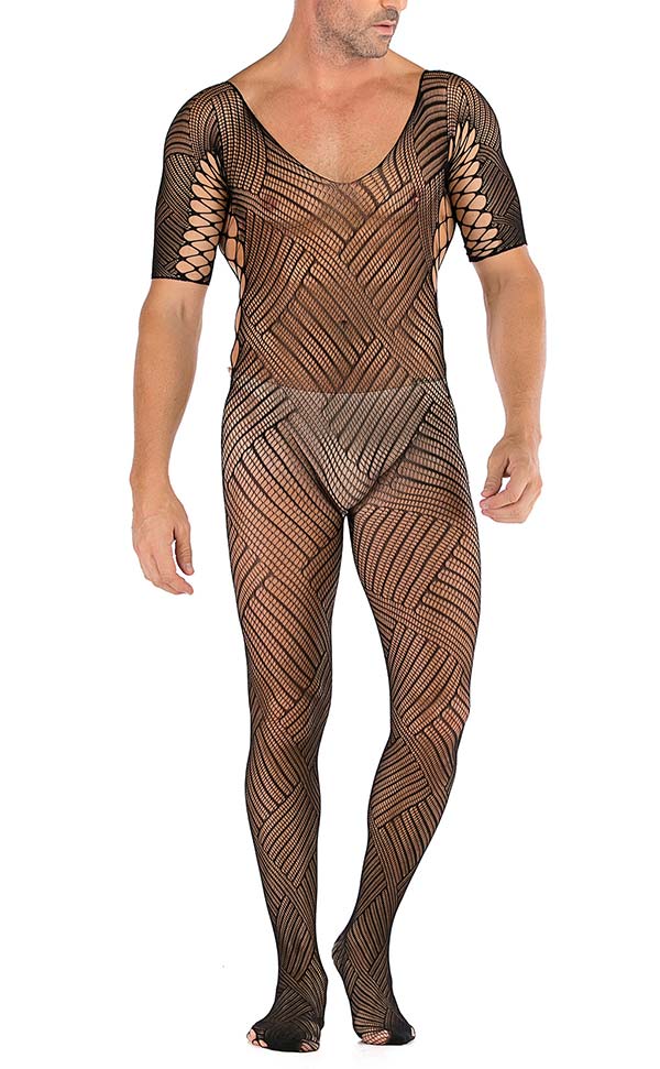 Men’s Sexy Mesh Short Sleeve Striped Body Stocking