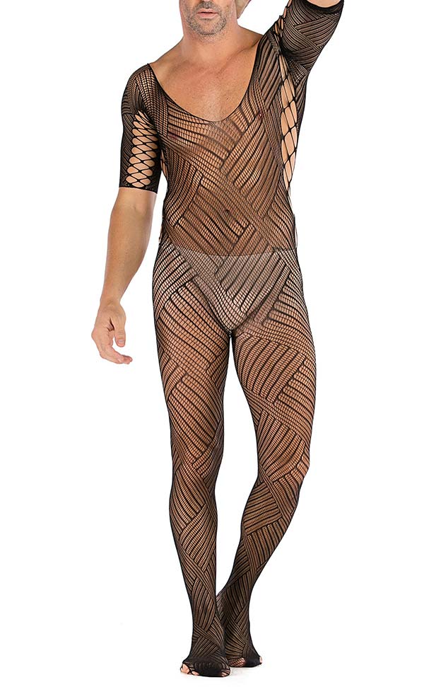 Men’s Sexy Mesh Short Sleeve Striped Body Stocking