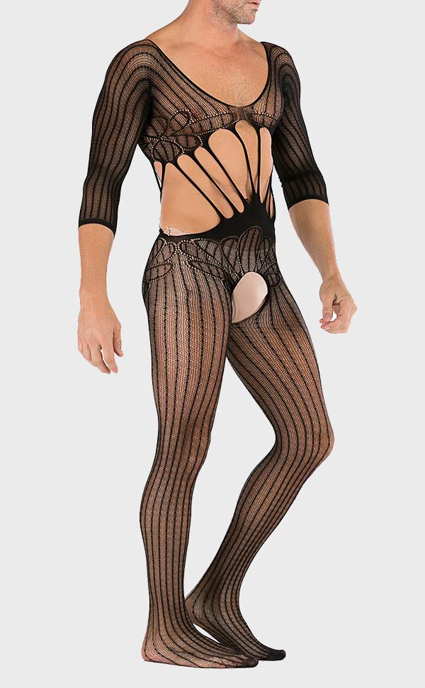 Men’s Black Mesh Pattern Lace Bodystocking