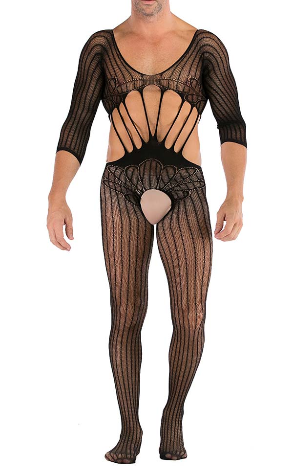 Men’s Black Mesh Pattern Lace Bodystocking