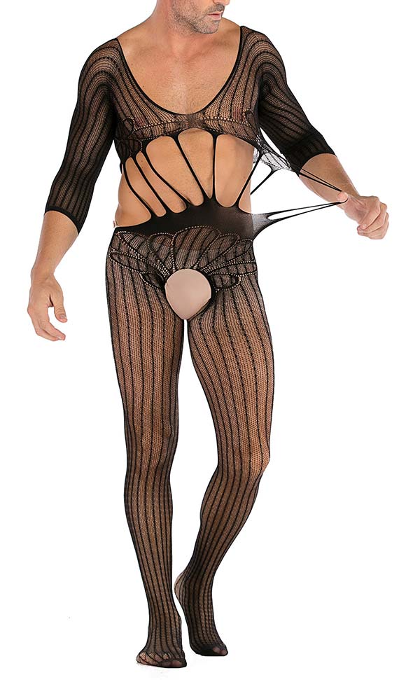 Men’s Black Mesh Pattern Lace Bodystocking