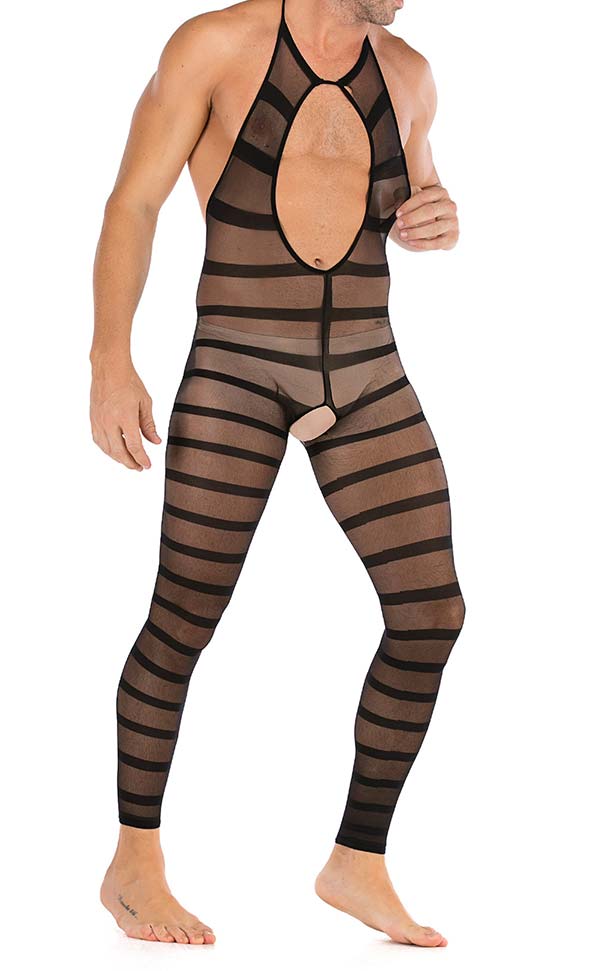 Men’s Halter Neck Striped Bodystocking Open Crotch