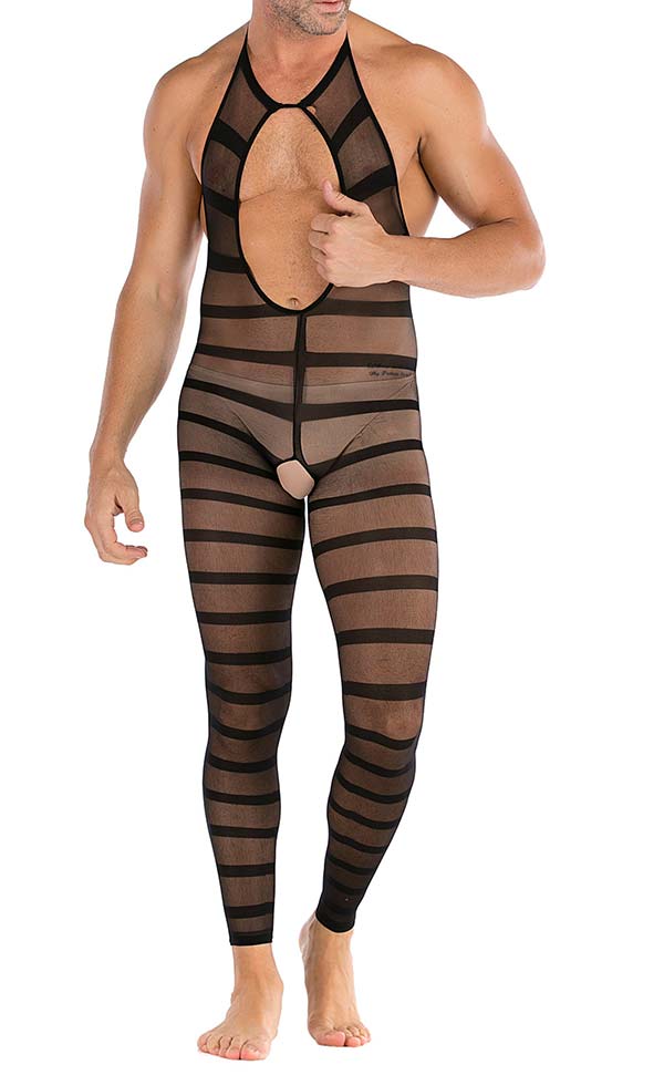 Men’s Halter Neck Striped Bodystocking Open Crotch