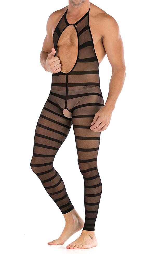 Men’s Halter Neck Striped Bodystocking Open Crotch