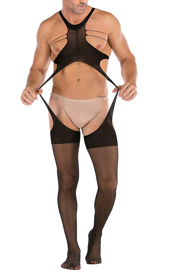 Men’s Ultra-Thin Black Suspender Bodystocking