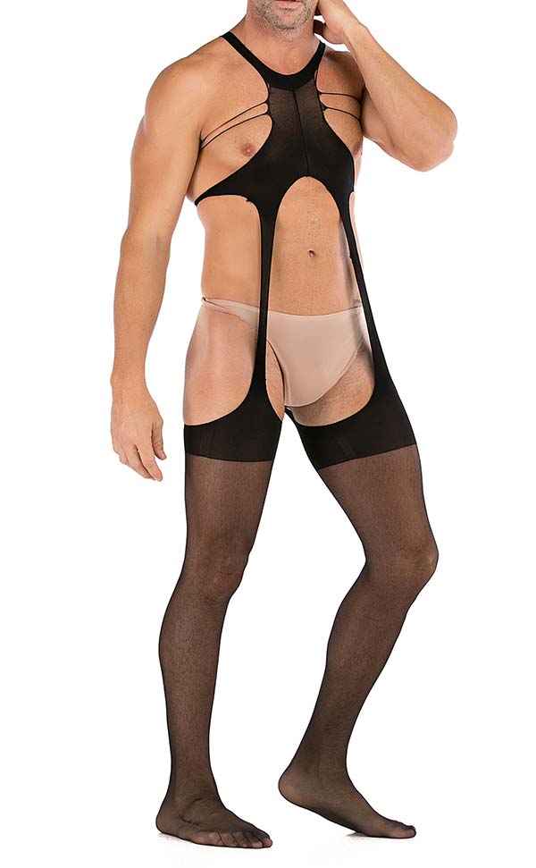 Men’s Ultra-Thin Black Suspender Bodystocking