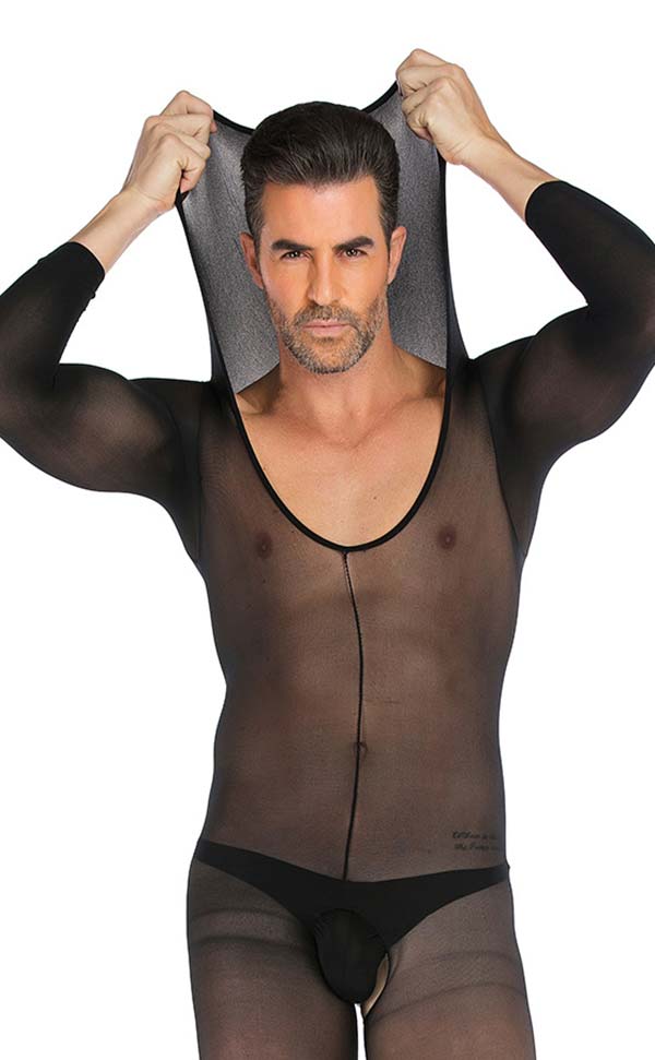 Men’s Hooded Long Sleeve Bodystocking Open Crotch