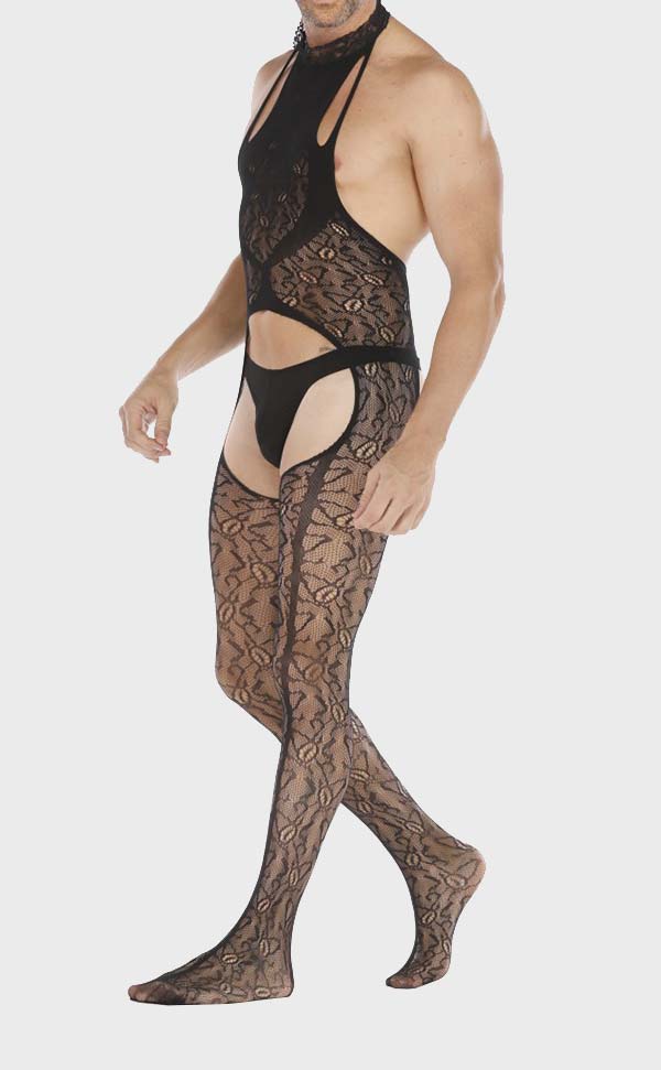 Men's Black Halter Neck Crotchless Bodystocking