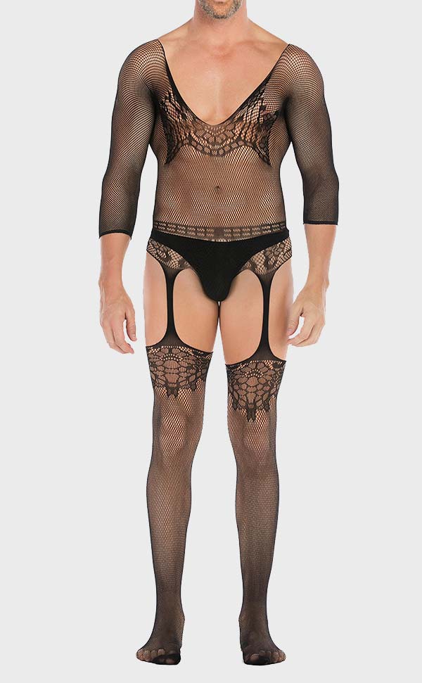 Men's Lace Mesh Scoop Neck Suspender Bodystocking