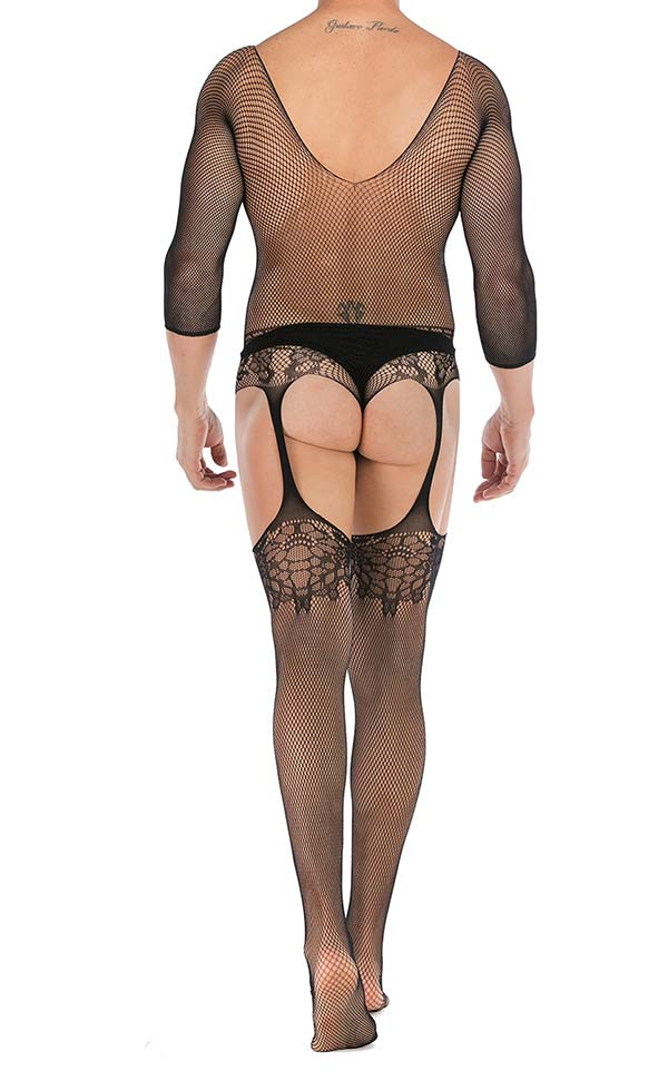 Men's Lace Mesh Scoop Neck Suspender Bodystocking