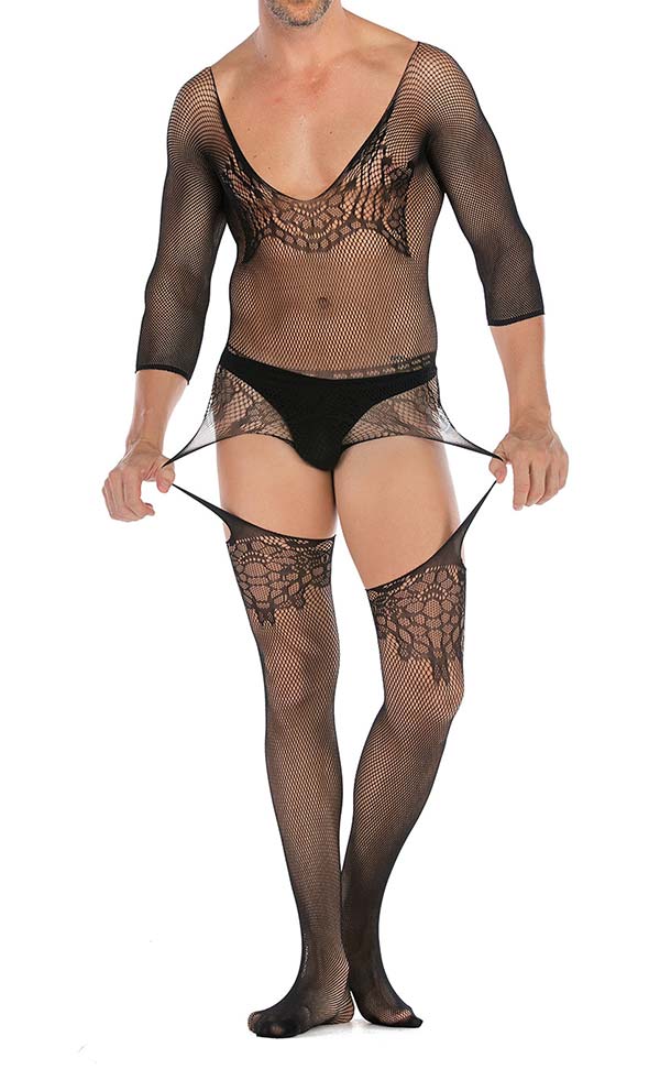 Men's Lace Mesh Scoop Neck Suspender Bodystocking