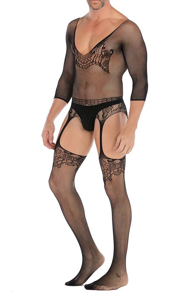 Men's Lace Mesh Scoop Neck Suspender Bodystocking