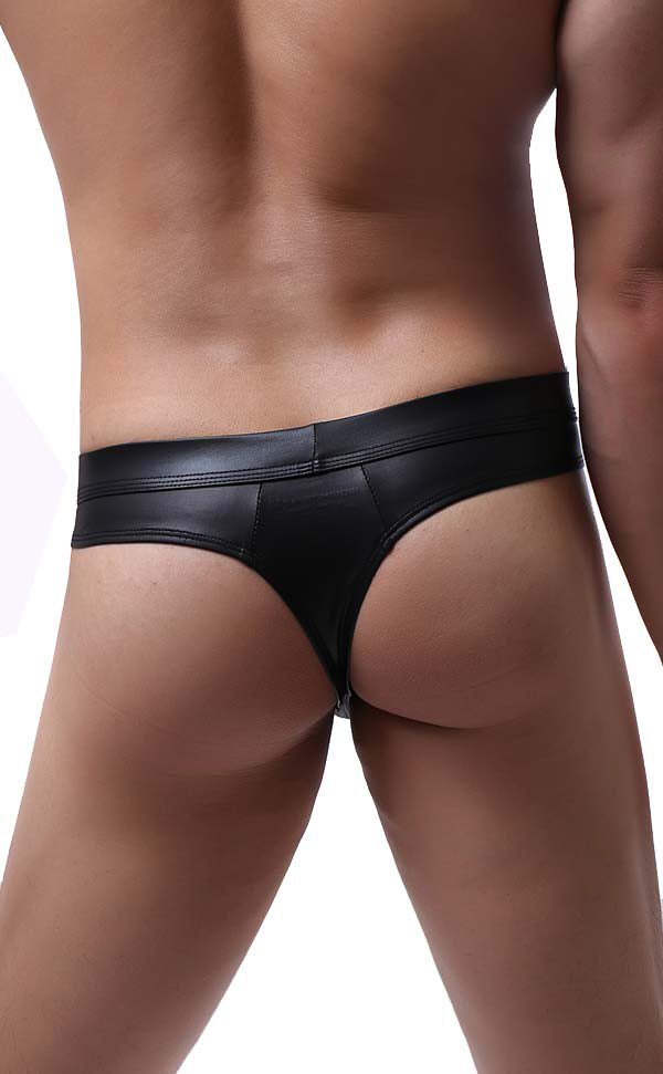 Men's Faux Leather Wide Waistband Thongs