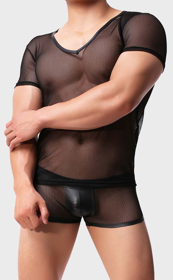Men's Sheer Mesh T-Shirt and Bulge Trunk