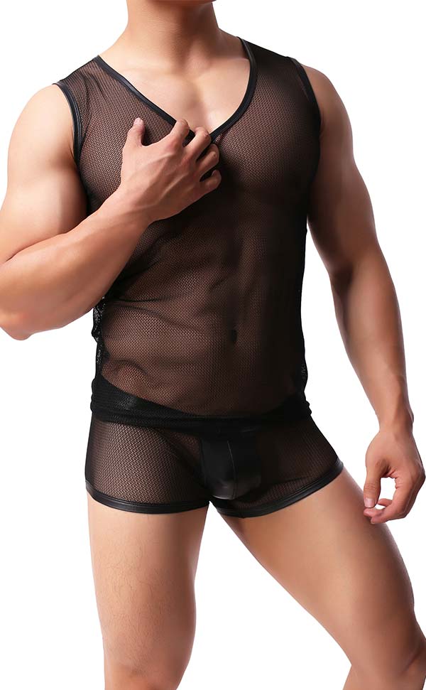 Men's Sheer Mesh Tank Top and Bulge Trunk