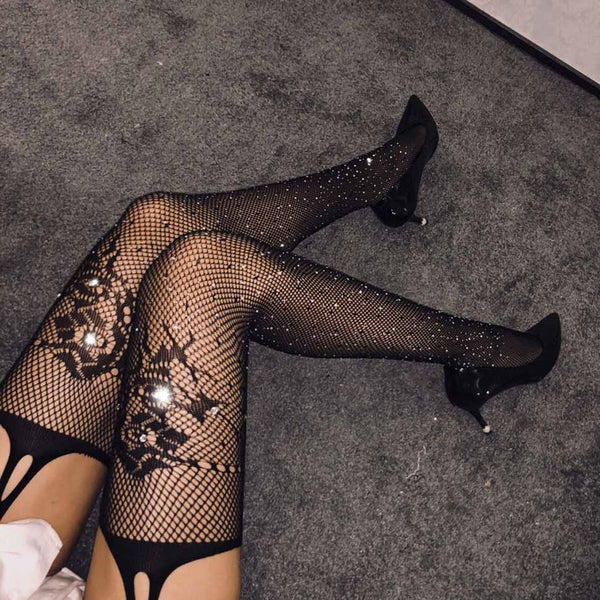 Lace Suspender Rhinestone Fishnet Pantyhose