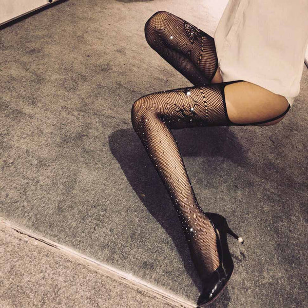 Lace Suspender Rhinestone Fishnet Pantyhose