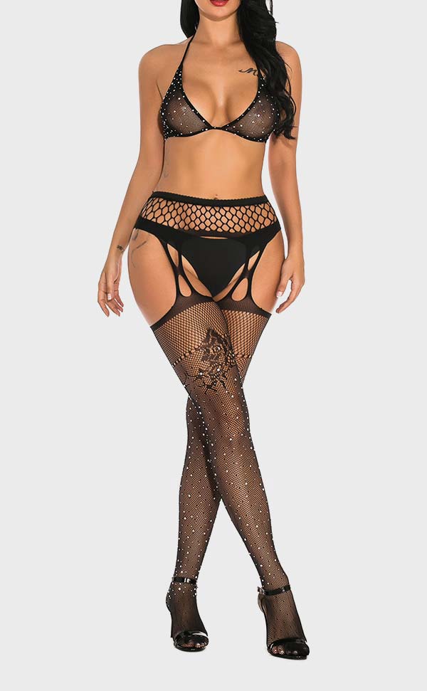 Lace Suspender Rhinestone Pantyhose Sets