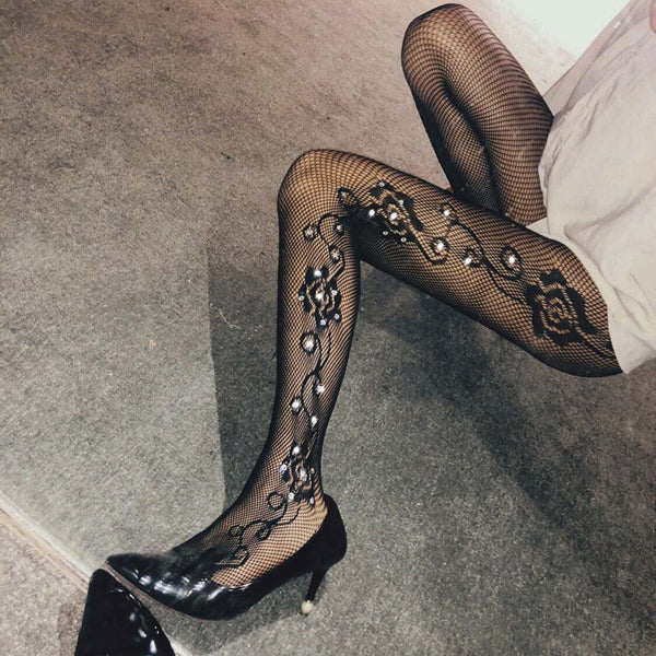 lace Fishnet Pantyhose with Rhinestone