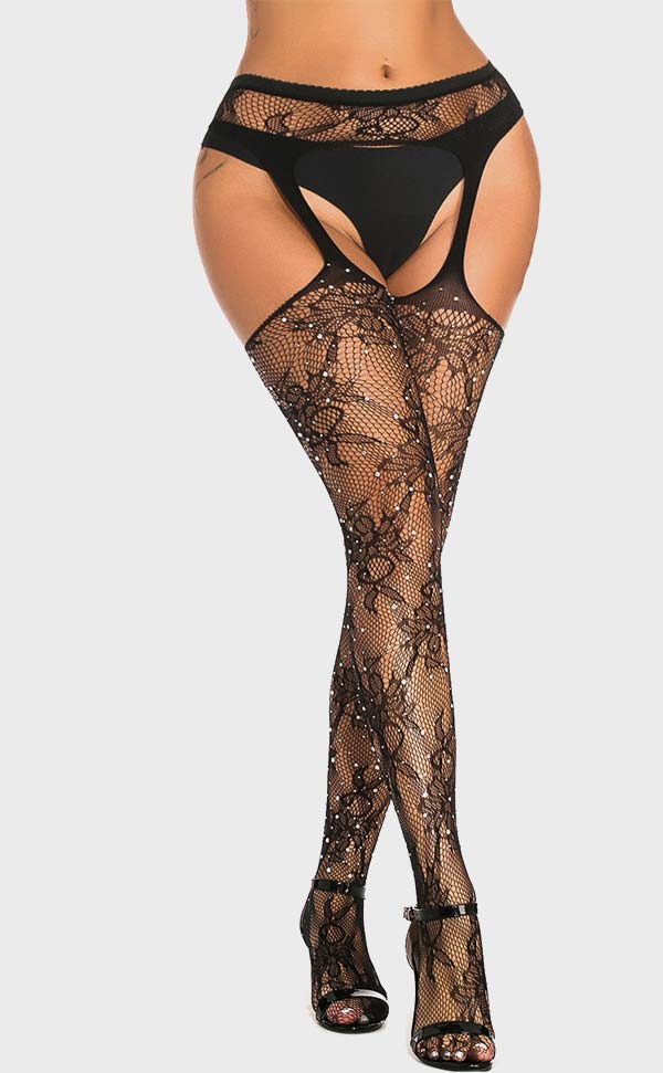 Lace Suspender Fishnet Tights with Rhinestone