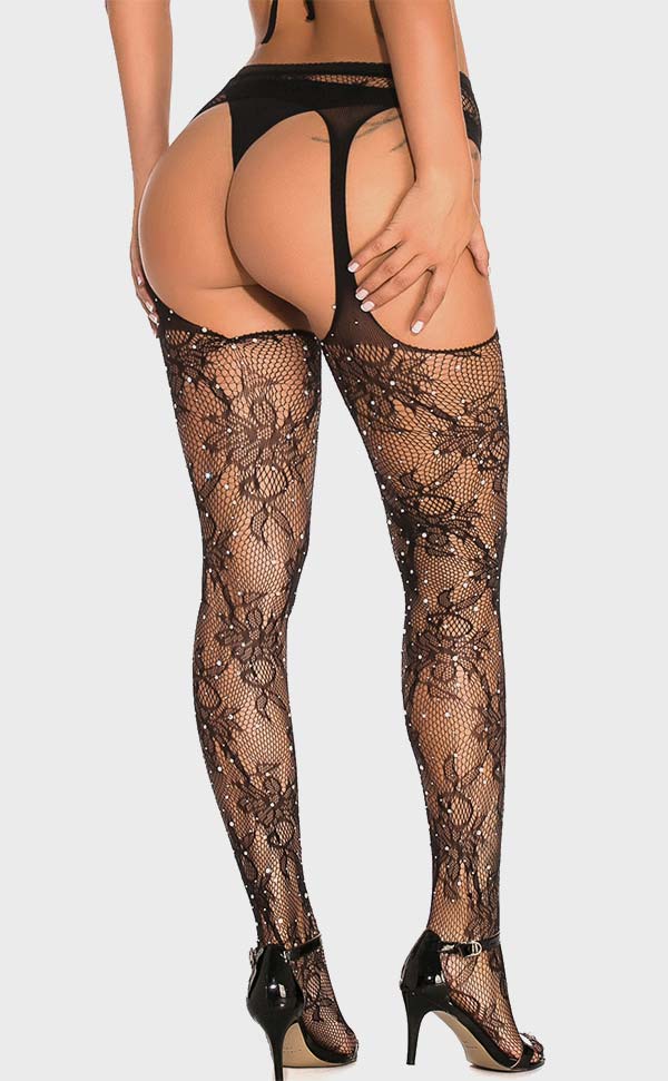 Lace Suspender Fishnet Tights with Rhinestone