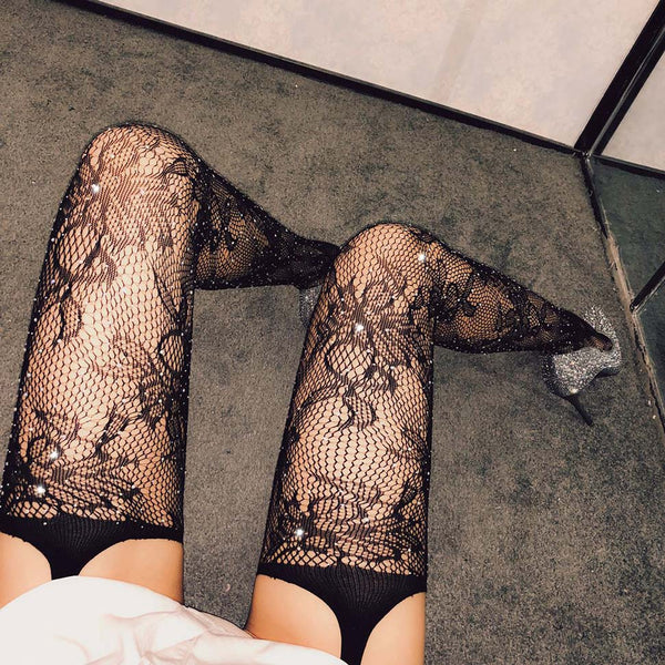 Lace Suspender Fishnet Tights with Rhinestone