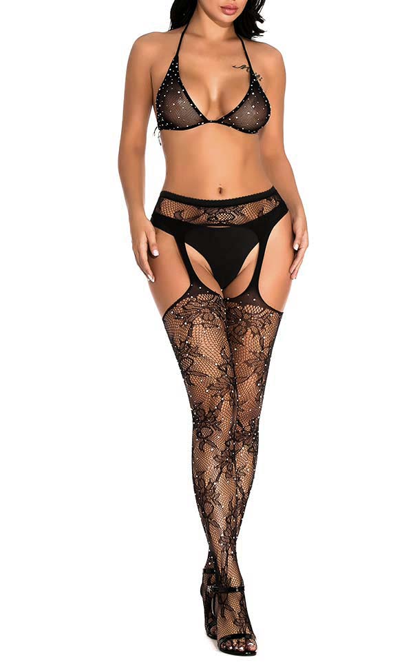 Lace Suspender Rhinestone Fishnet Pantyhose Sets