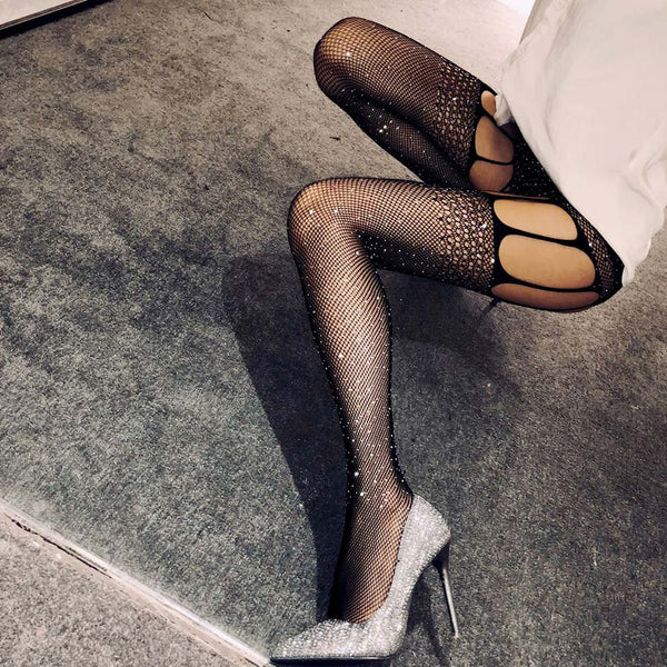 Hollow Out Rhinestone Fishnet Tights