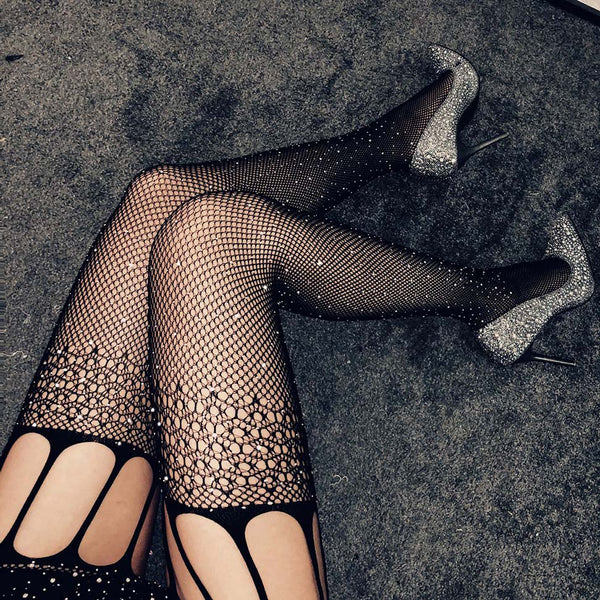 Hollow Out Rhinestone Fishnet Tights