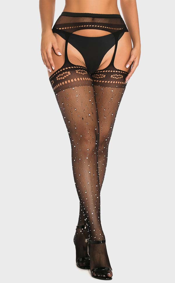 Rhinestone Fishnet Suspender Pantyhose