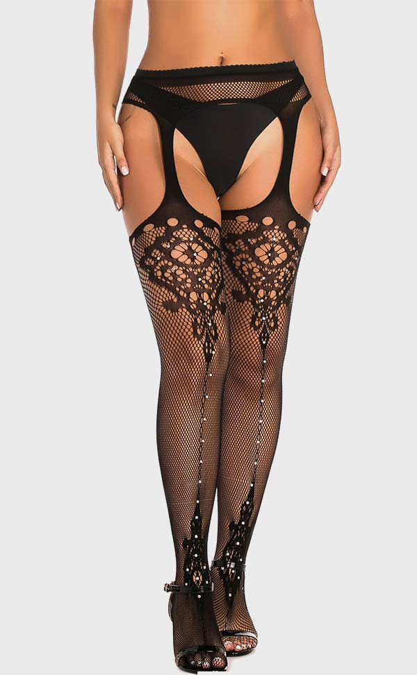 Rhinestone Fishnet Suspender Lace Tights