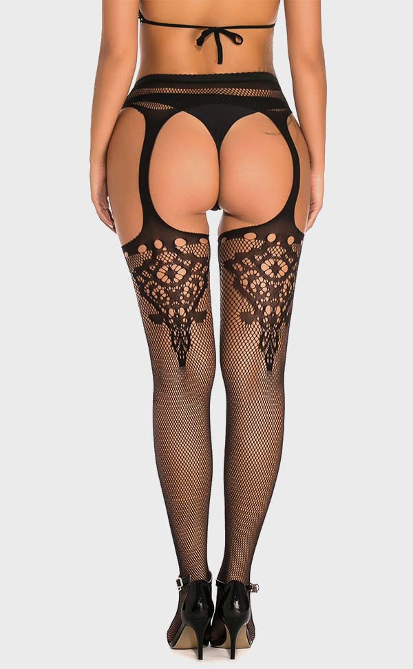 Rhinestone Fishnet Suspender Lace Tights