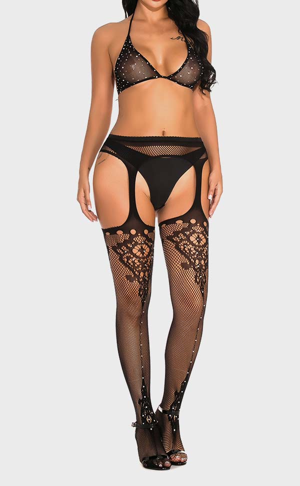 Lacey Rhinestone Fishnet Suspender Pantyhose Sets