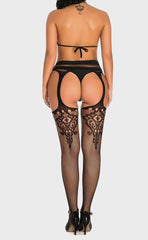 Lacey Rhinestone Fishnet Suspender Pantyhose Sets