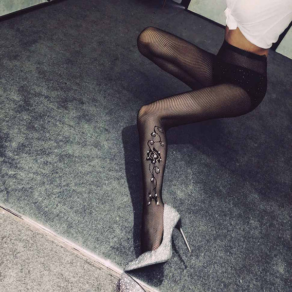 Jacquard Lace Rhinestone Fishnet Tights