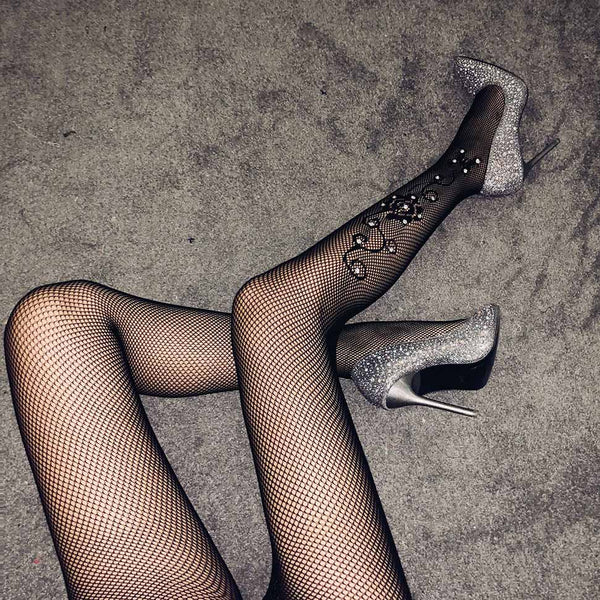 Jacquard Lace Rhinestone Fishnet Tights