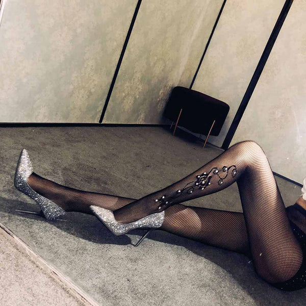 Jacquard Lace Rhinestone Fishnet Tights