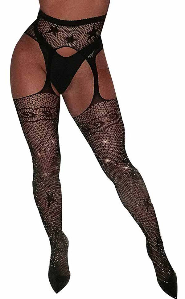 Lacey Rhinestone Fishnet Suspender Tights