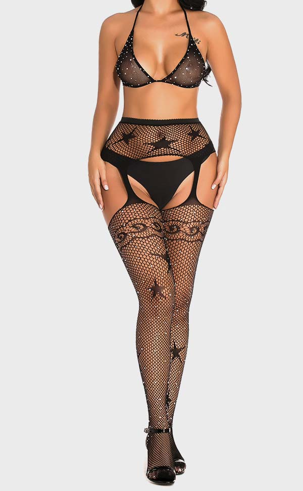 Lacey Rhinestone Fishnet Suspender Tights Set