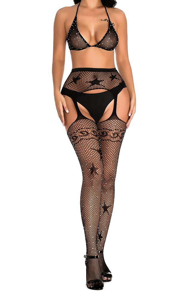 Lacey Rhinestone Fishnet Suspender Tights Set