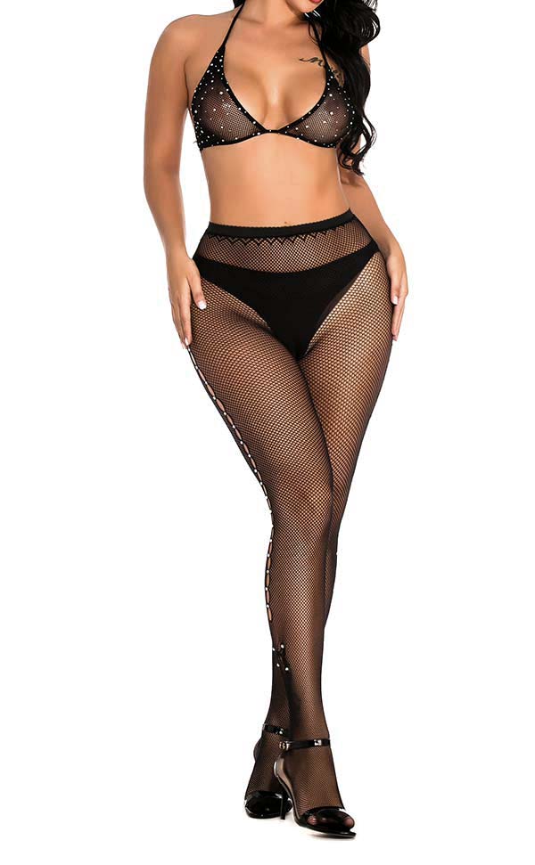 Hole Net Rhinestone Pantyhose and Bra