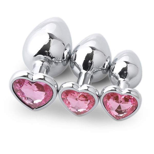 Jeweled Heart Stainless Steel Butt Plug for Beginners, 3 Butt Plug Set