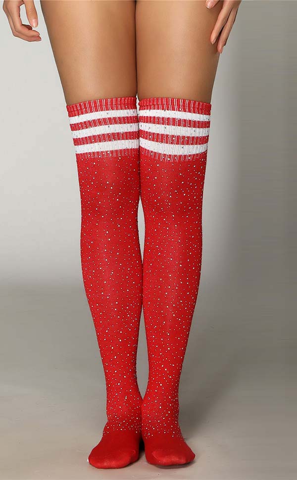 Rhinestone White Stripe Over Knee Socks