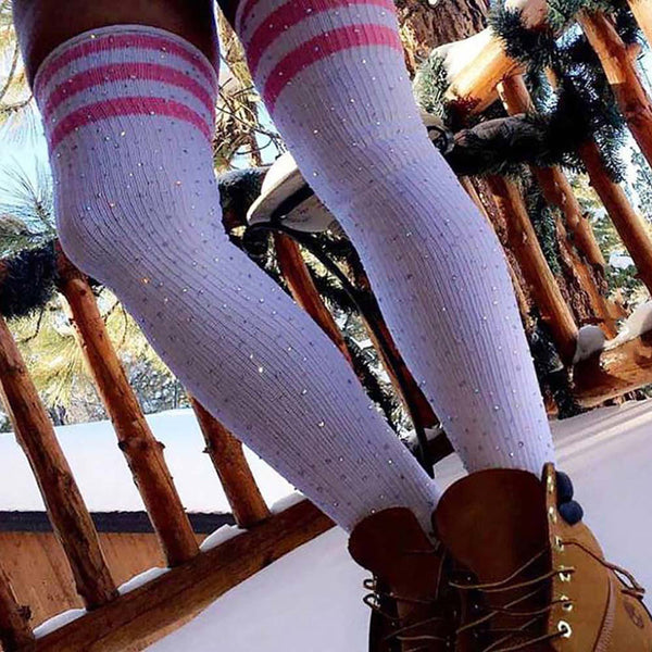 Rhinestone Striped Over Knee Socks