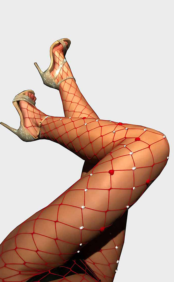 Fence Net Red Heart Rhinestone Pantyhose