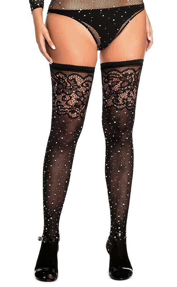 Jacquard Lace Rhinestone Thigh Highs