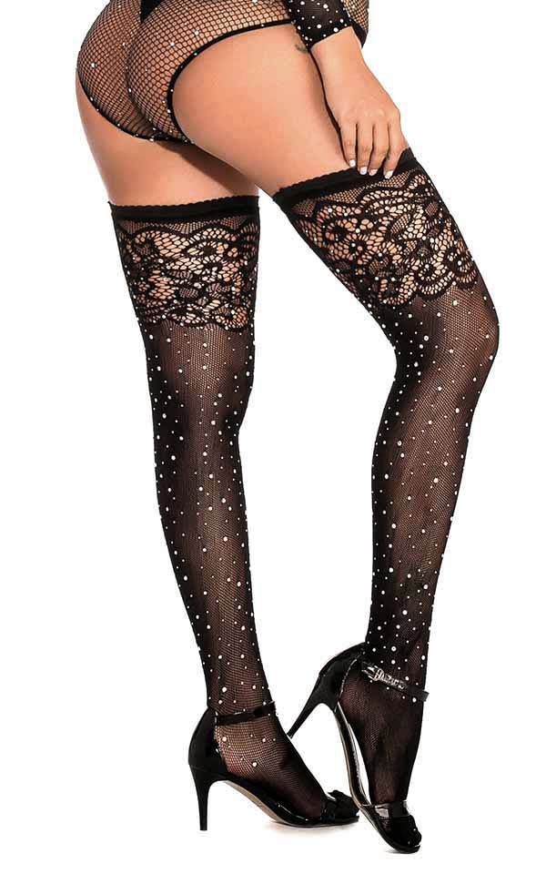 Jacquard Lace Rhinestone Thigh Highs