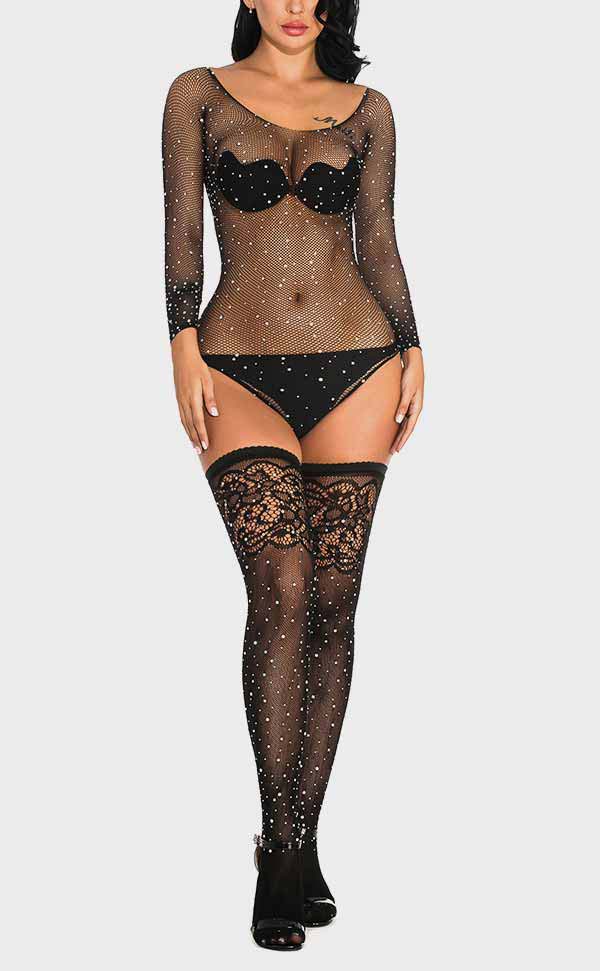 Rhinestone Fishnet Bodysuit Sets