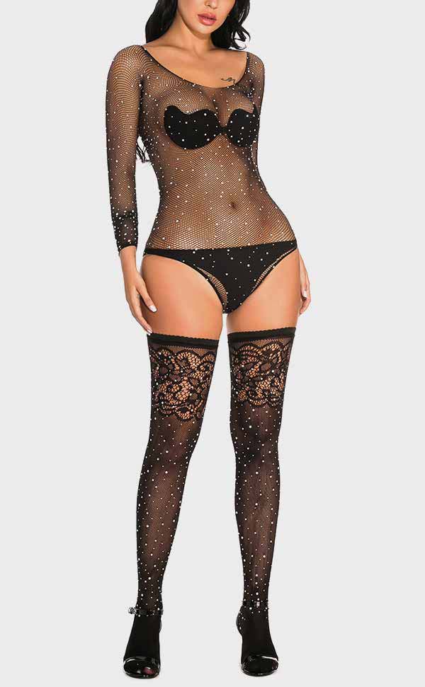 Rhinestone Fishnet Bodysuit Sets