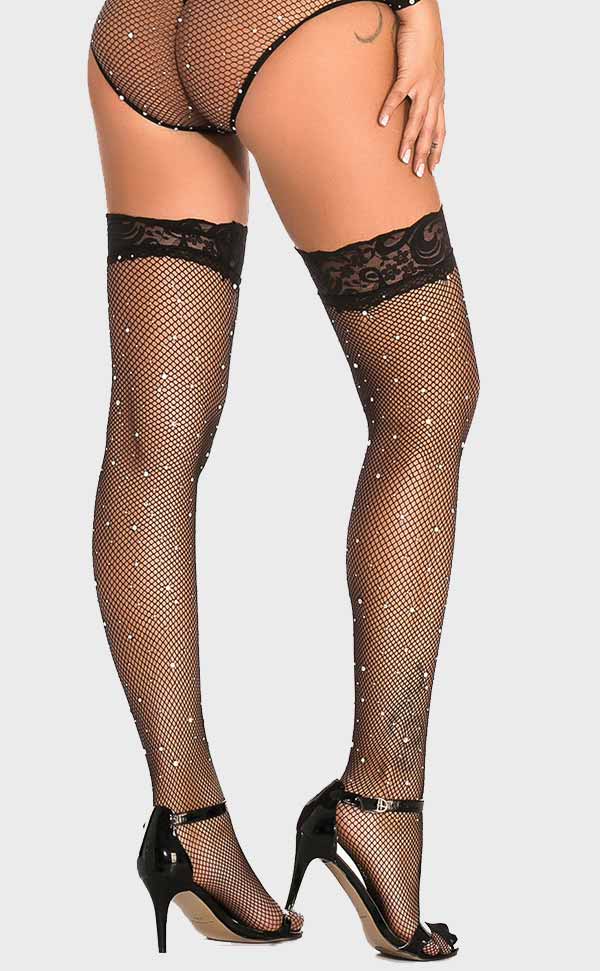 Lace Top Rhinestone Fishnet Thigh Highs